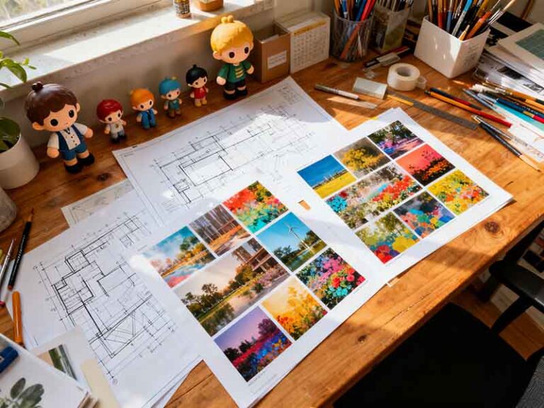 維真文創針對原創 IP 角色與設計品牌提供的數位變現網站方案，展示充滿公仔與設計草圖的創意工作室桌面。