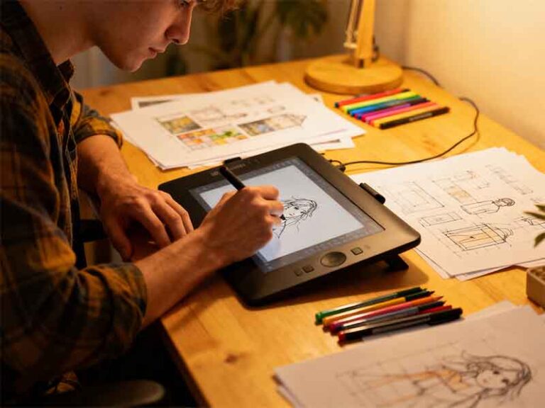 維真文創專為視覺藝術家與插畫家打造的專屬網站架設服務，圖為創作者使用繪圖板專注創作的專業工作場景。